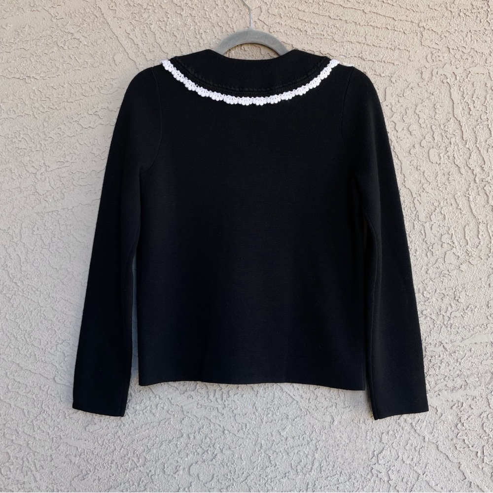 SEZANE BLOGGER Black White Fine Knit Bettany Cardigan Crochet Collared Sweater - Picture 5 of 16